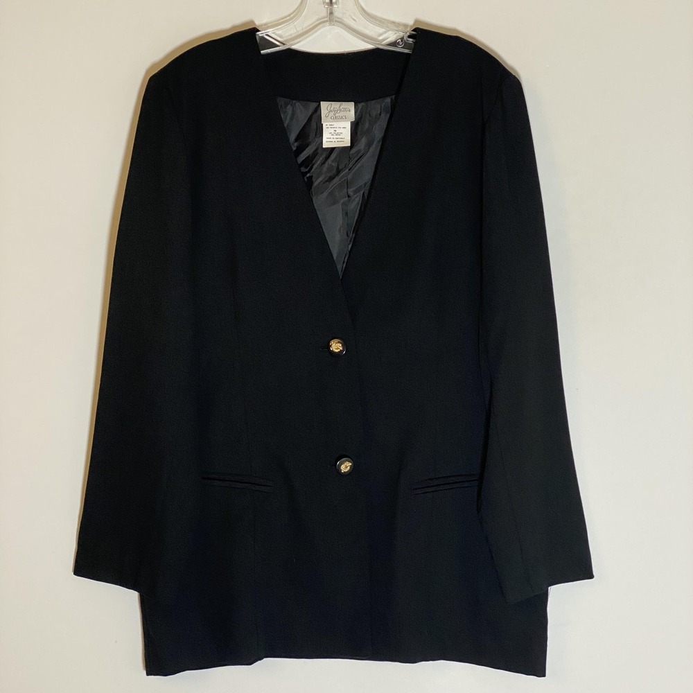 Jaclyn Smith Classics Blazer Womens 10 Black Longline Collarless Gold Buttons